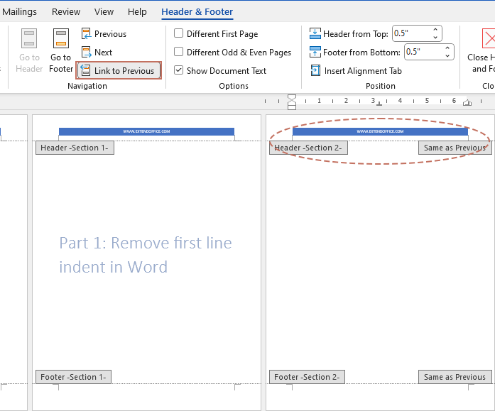 Document on header and footer editing mode, with Link to Previous option highlighted