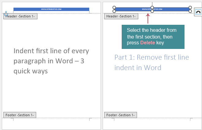 Illustration: Select the header or footer area and press the Delete key