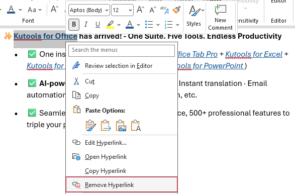 Select Remove Hyperlink
