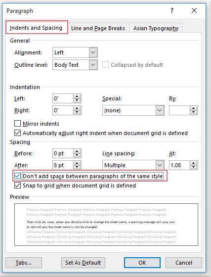 word remove space between lines in an address