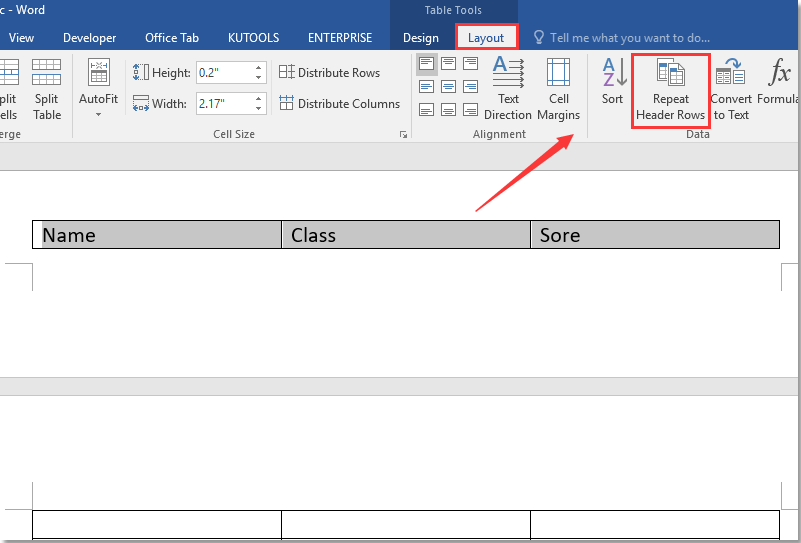 doc repeat table header row 1