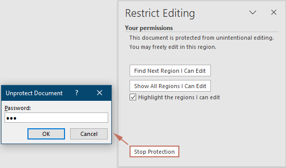 Stop Protection button on the Restrict Editing pane and the Unprotext Document dialog