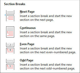 Section break options in Word