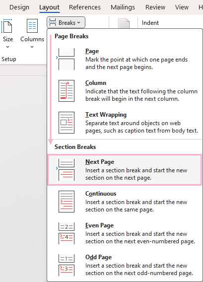 Breaks dropdown menu displayed with Next Page option highlighted