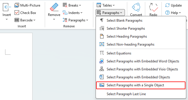 Select Paragraphs with a Single Object option in Word
