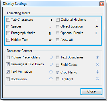 mirosoft word formatting marks