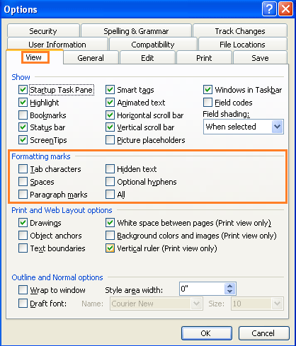 how to show microsoft word formatting marks