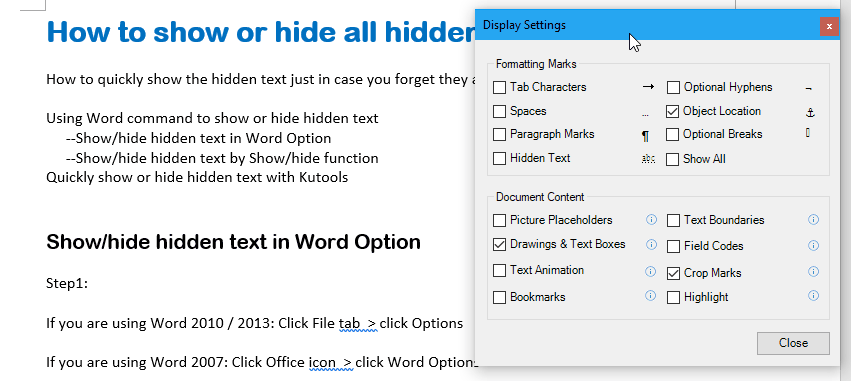 display hidden text in word 2016