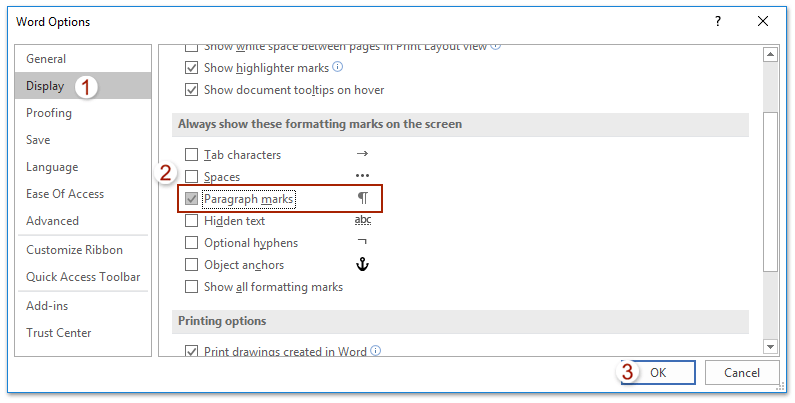 meaning of microsoft word formatting marks