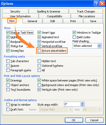 Microsoft word image placeholder option