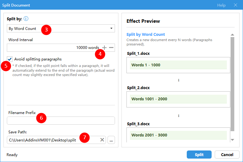 Split a Word document by word count using Kutools for Word
