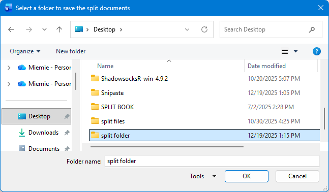 select a folder for saving the split files 