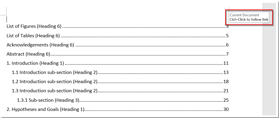 doc table of content link to page 1