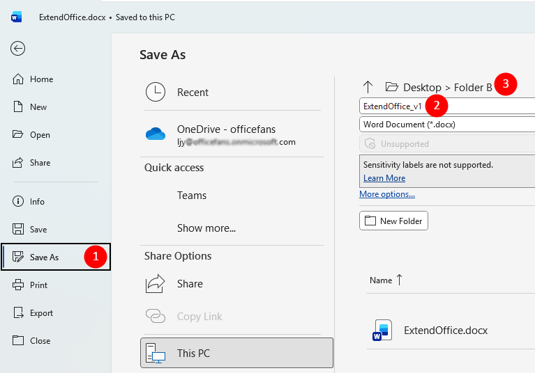 Save As dialog in Word showing how to back up the document
