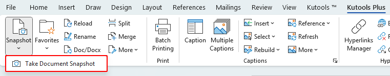 Snapshot dropdown in Kutools showing the 'Take Document Snapshot' option