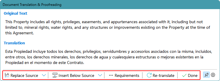 Translation toolbar in side-by-side document view