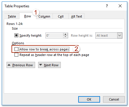 Table Properties dialog box