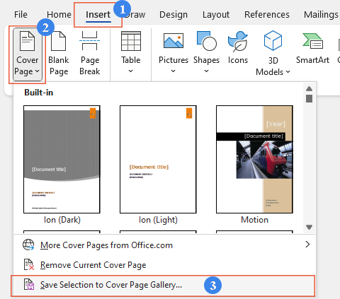 Save Selection to Cover Page Gallery option on the ribbon