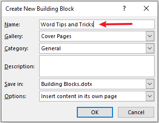 Create New Building Block dialog box