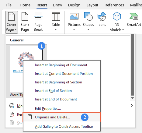 Organize and Delete option on the context menu