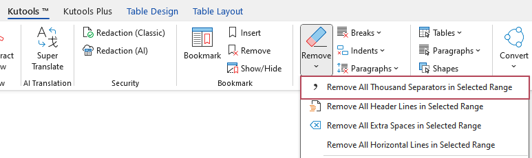Kutools' Remove All Thousand Separators in Selected Range