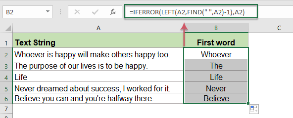 Obtenha ou extraia a primeira palavra da string de texto no Excel