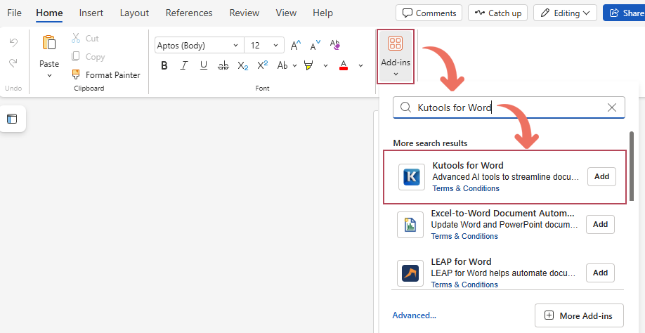 Kutools for Word's Add button