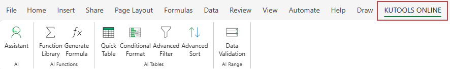 Kutools Online appear in the ribbon in Excel on the web