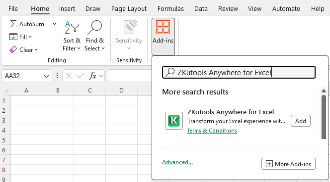 Add ZKutools Anywhere for Excel from Excel Add-ins