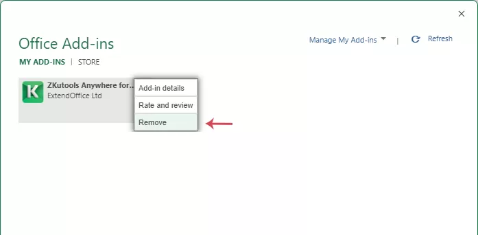 Remove ZKutools Anywhere for Excel from My Add-ins