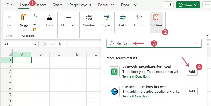 Search for ZKutools Anywhere for Excel in the Office Add-ins store