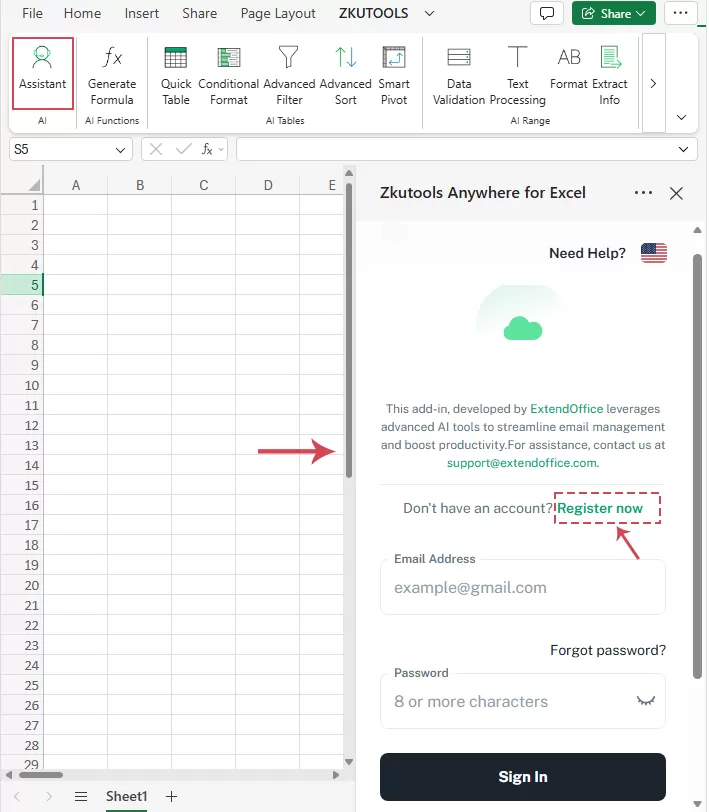 Click Register now in the ZKutools pane