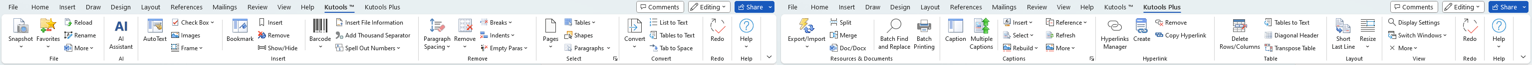 Kutools and Kutools Plus tabs on the Word Ribbon