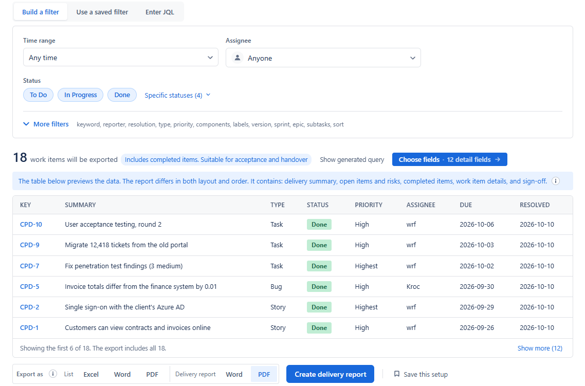 Step 1 of the export page with a project selected and Delivery report chosen