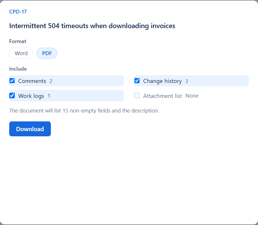 The Export with Kutools dialog on a single work item