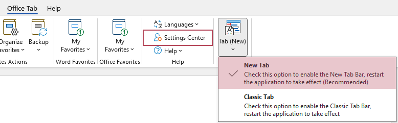 Settings Center in the New Tab style