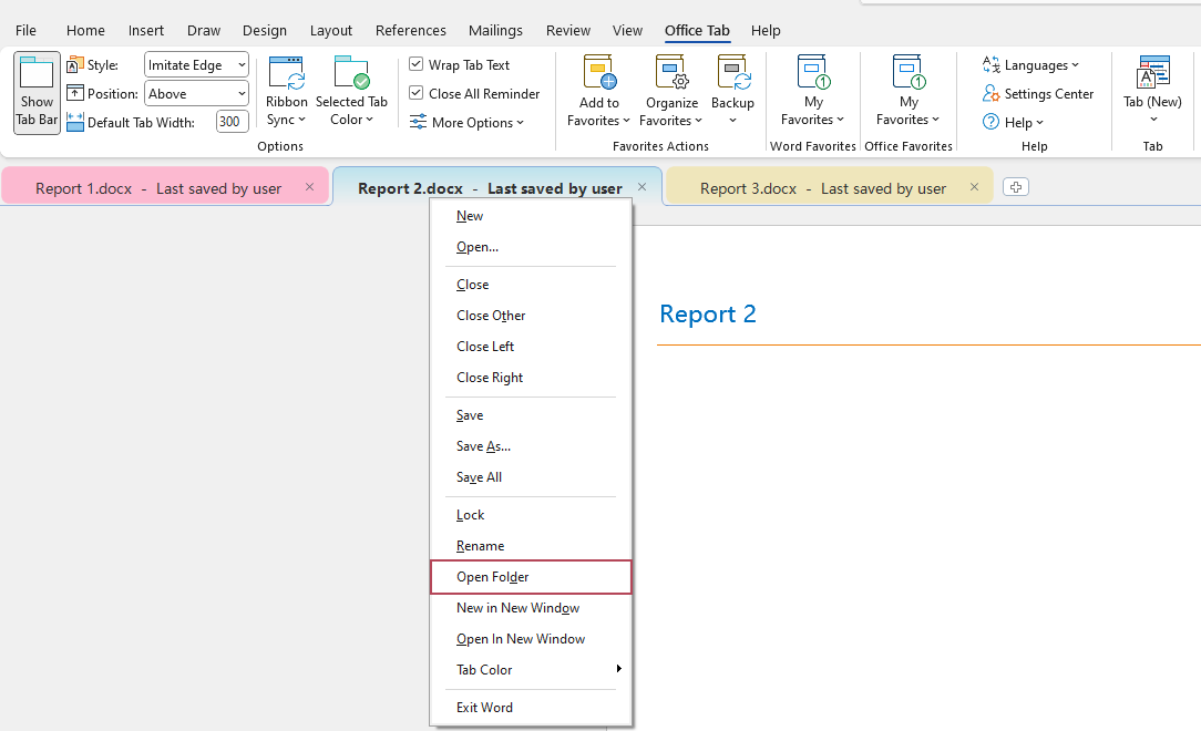 Office Tab context menu showing Open Folder