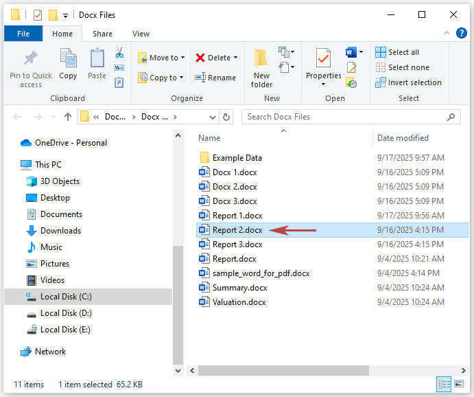 File folder opened for the active document