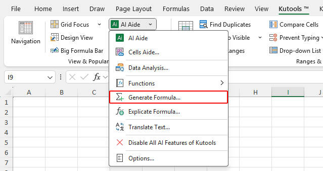 Open the Generate Formula tool from Kutools > AI Aide in the Excel ribbon