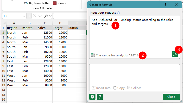 Enter request, set data range, and click the Send Request button in Kutools Generate Formula window