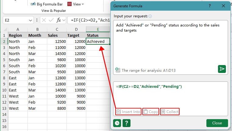 Options to insert, copy, or collect the generated formula in Kutools