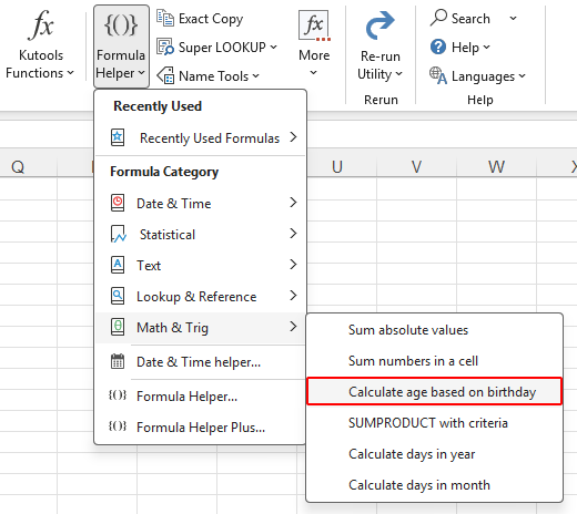 Open Calculate age based on birthday from the Kutools Formula Helper menu