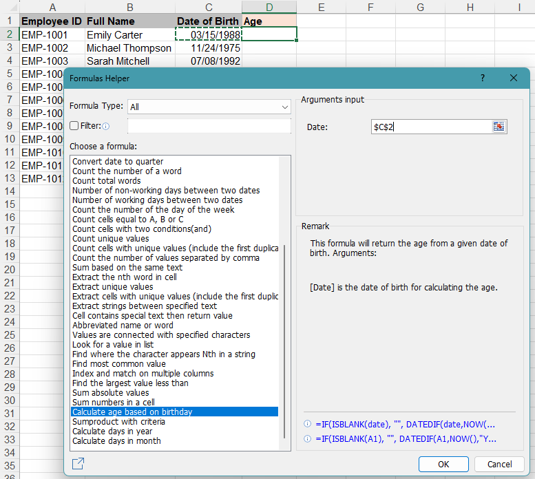 Select the birthday cell in the Calculate age based on birthday formula helper
