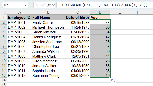 Ages calculated from dates of birth in Excel