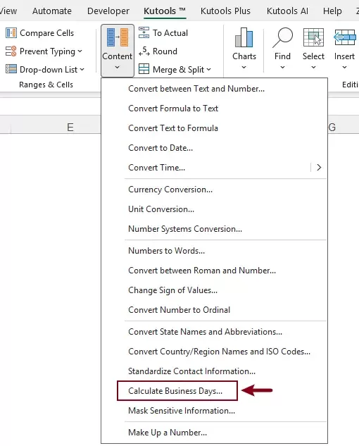 a screenshot showing how to open the calculate business days dialog box