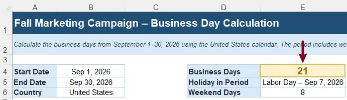 a screenshot of the calculated number of business days