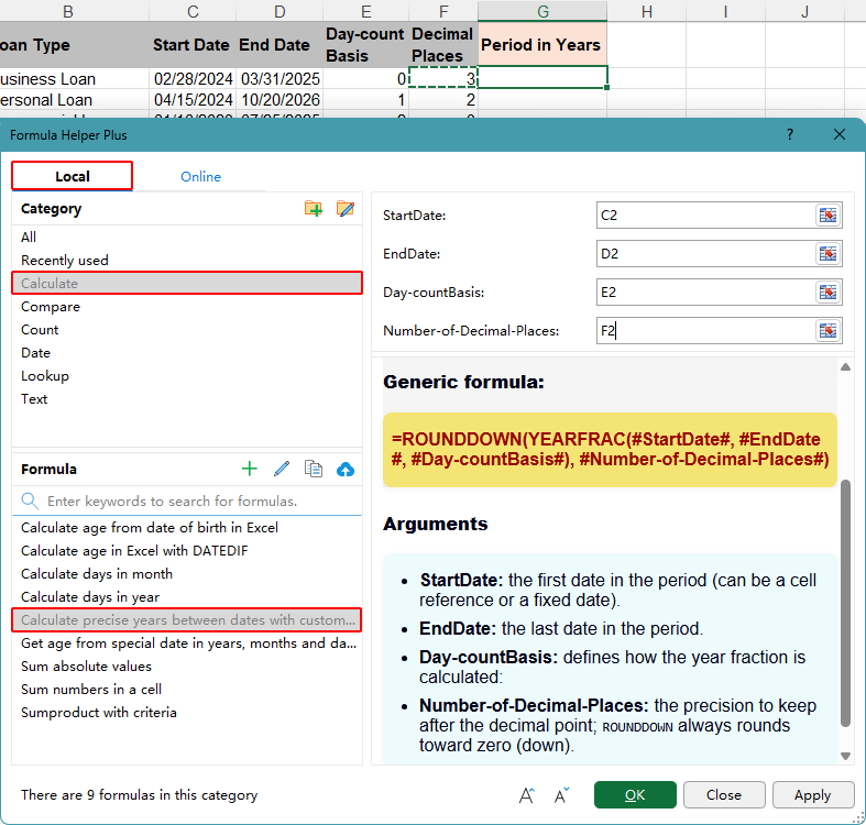 Specify the dates, day-count basis, and decimal places for the precise years formula