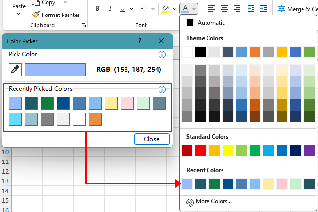 Kutools Color Picker showing recently picked colors synced with Excel’s Recent Colors palette, demonstrating more color slots than Excel’s default limit.