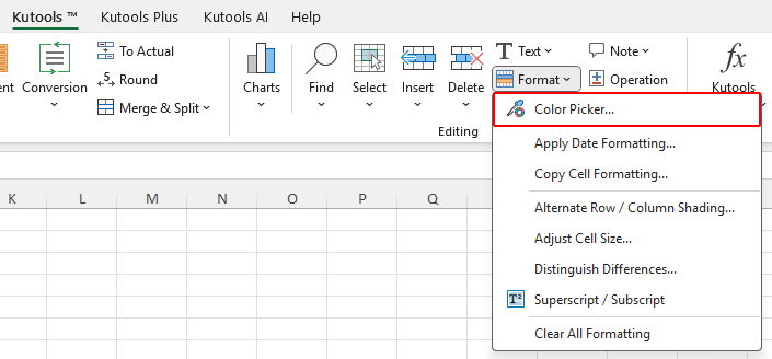 Kutools for Excel Color Picker location in the ribbon