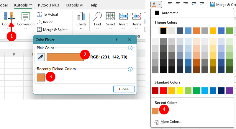 Kutools Color Picker interface showing: 1) crosshair cursor, 2) real-time color preview, 3) recently picked colors area, and 4) Excel's recent colors palette